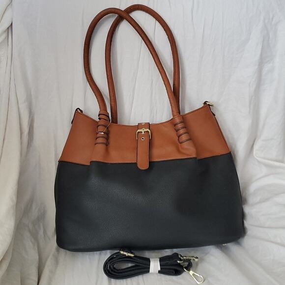 Black Rivet Purse Two Tone Black and Cognac Double Handle Bag w/Shoulder Strap - Picture 1 of 16